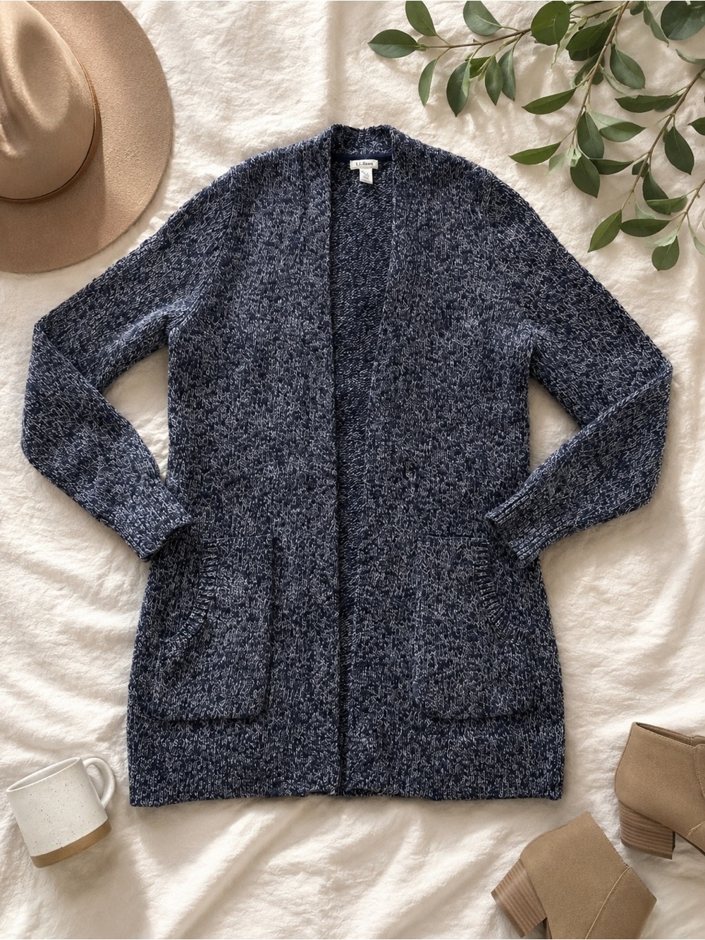 L.L. Bean Navy Marled Open-Front Cardigan 100% Cotton